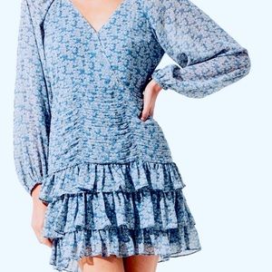 🆕NWT ASTR Blue Chiffon MultiRuffleFloral MiniDress Long Sleeve SZ:S $42 MRSP$78